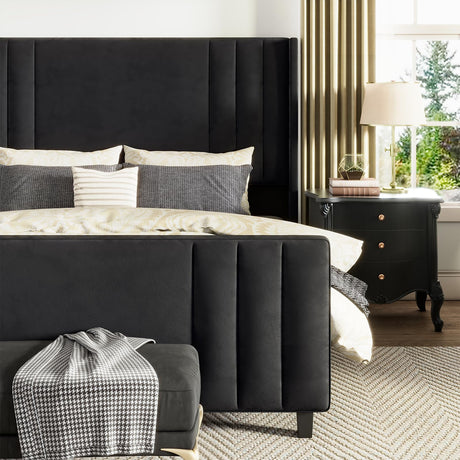 AMERLIFE King Size Bed Frame, Velvet Upholstered Platform Bed with Vertical Channel Tufted Headboard & Footboard/Wingback, Mattress Foundation with Wood Slats, No Box Spring Needed, Black AMERLIFE