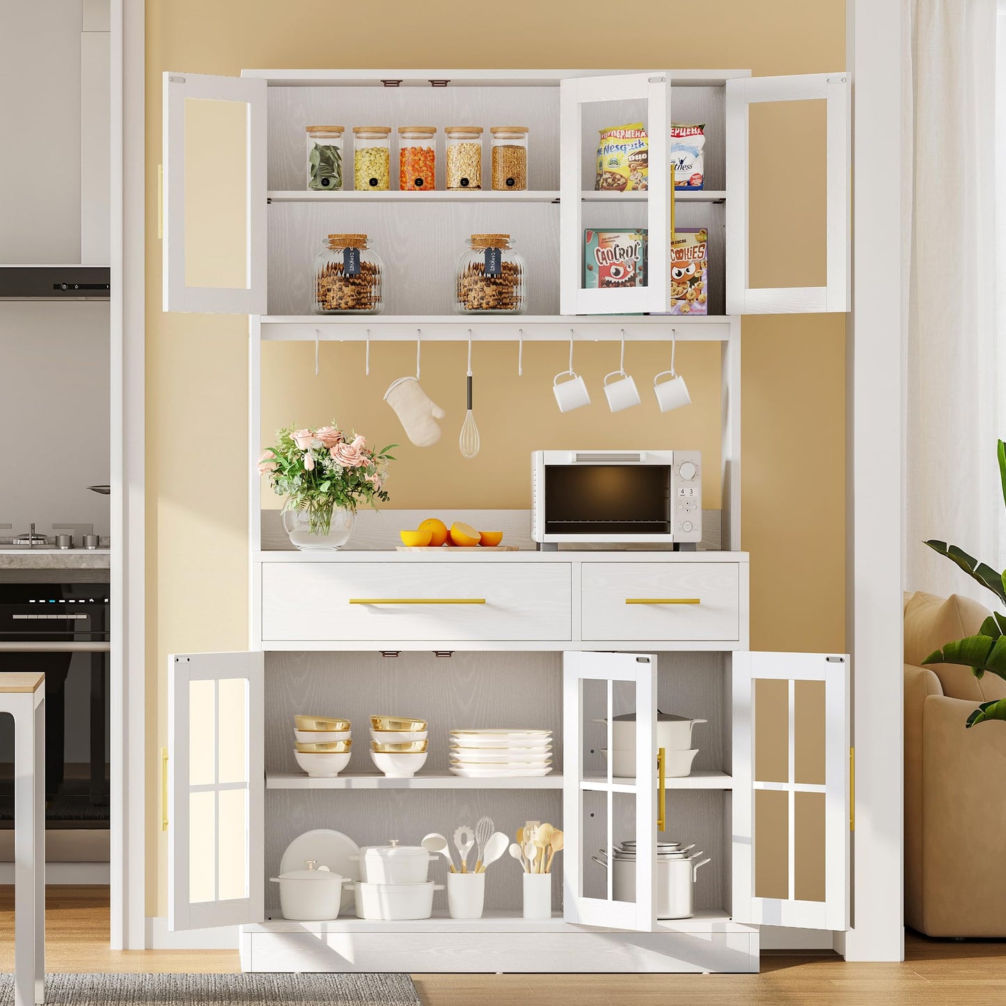 YITAHOME 71'' Kitchen Pantry Storage Cabinet with Microwave Stand, Tall Freestanding Hutch Cabinet with Power Outlet, Pantry Cabinet with Buffet Cupboard, Drawers and Acrylic Doors for Home, White