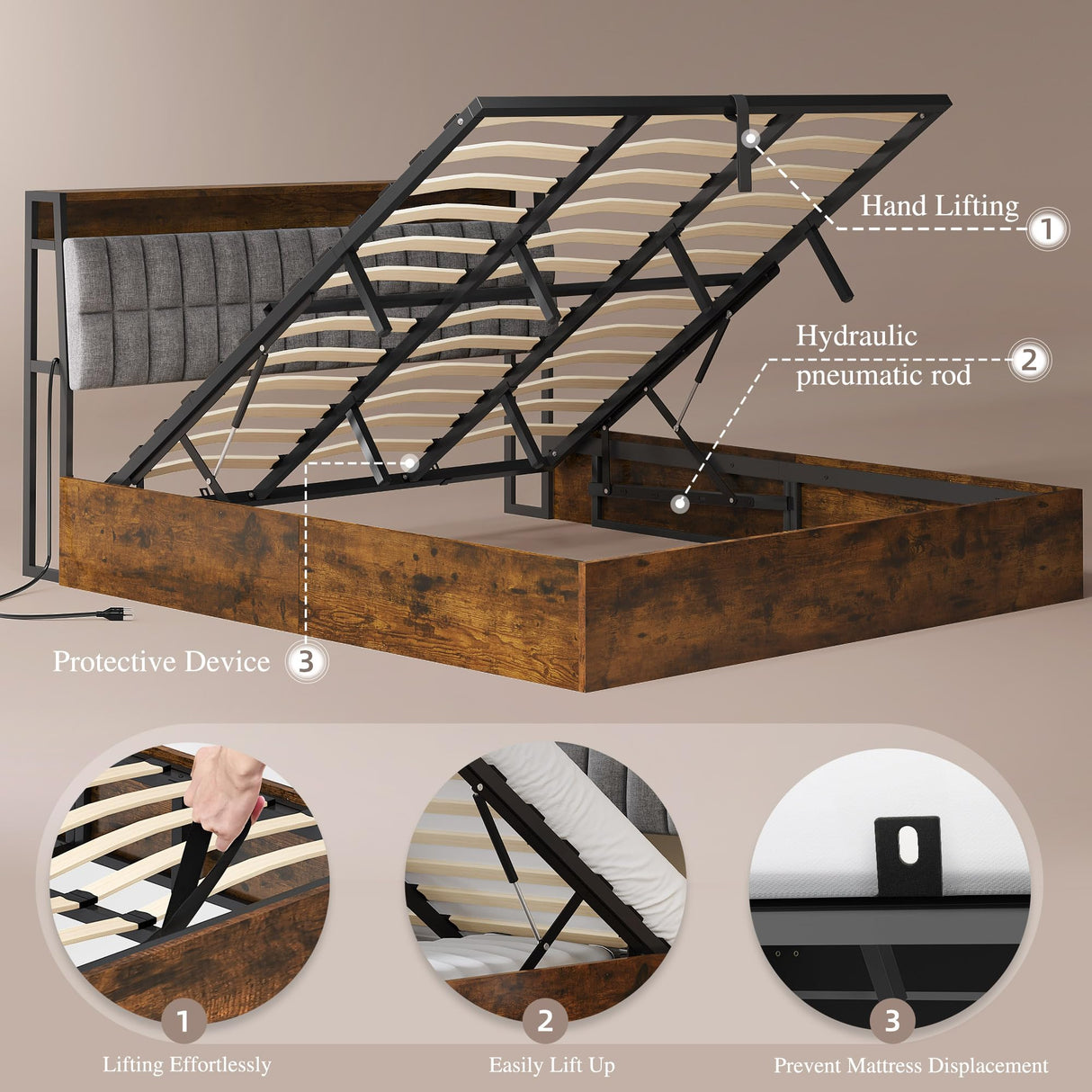 YITAHOME King Size Lift Up Bed Frame with Charging Station & RGB LED Lights, Linen Upholstered Storage Headboard Bed, Heavy Duty Wooden Slats, No Box Spring Needed, Noise Free, Rustic Brown and Grey YITAHOME