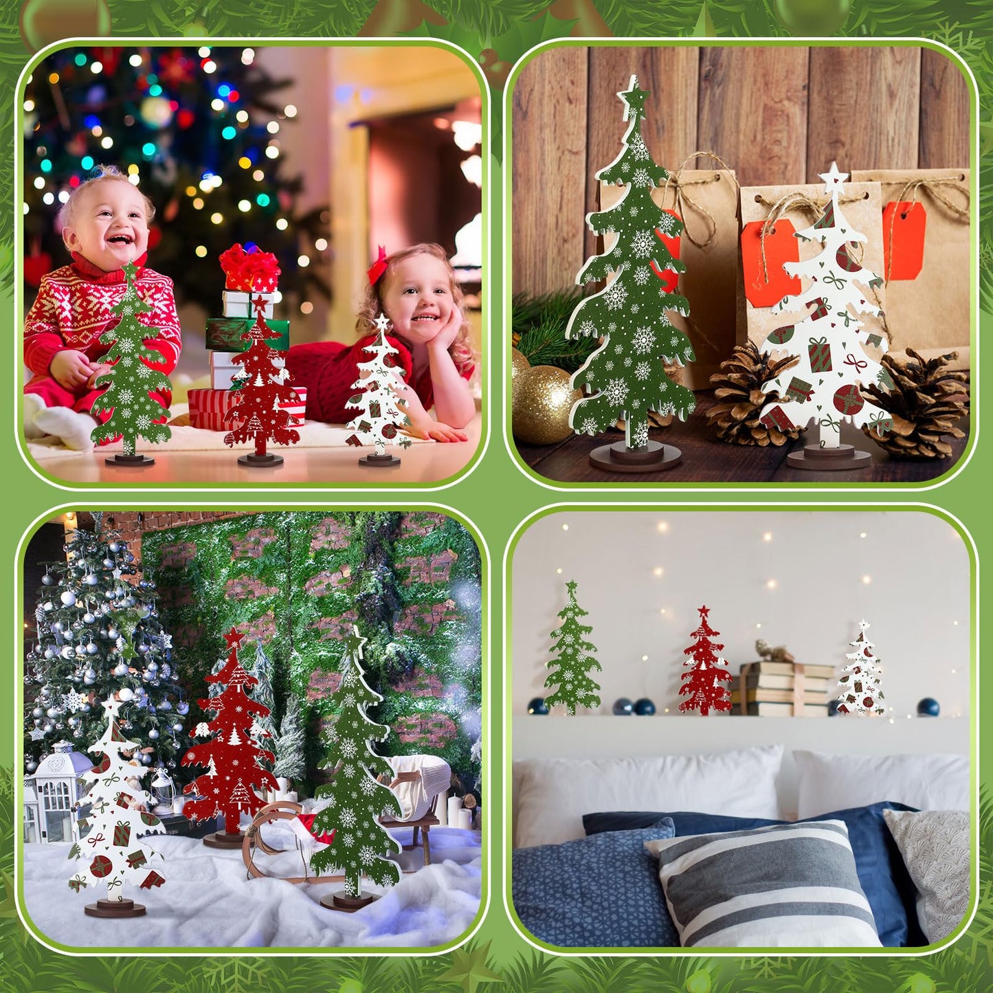 Huwena 3 Pcs Wooden Christmas Tree Tabletop Decorations, White, Red and Green Rustic Wood Christmas Tree Small Pine Tree Table Centerpieces Wooden Block Signs for Table Shelf Decor