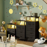 Furnulem Tall Night Stand with Charging Station and Led Light, Small Dresser with Open Shelf and 4 Storage Drawers, Black Side Table Fabric Nightstand for Bedroom, Entryway, Bedside Furniture Furnulem