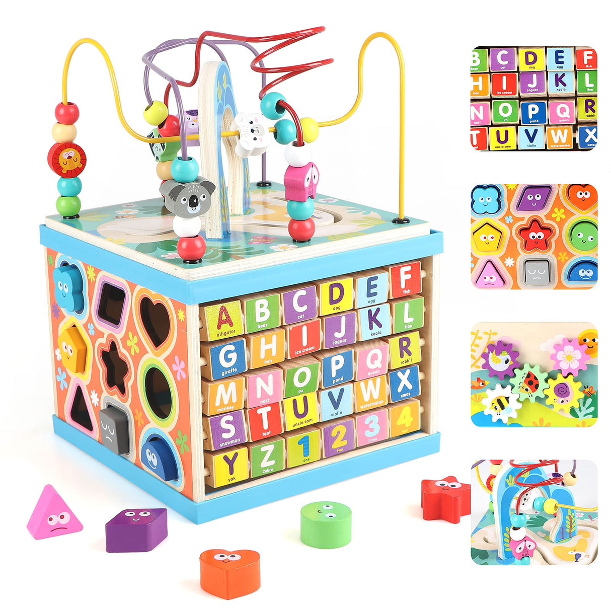 Qilay Wooden Activity Cube for Toddlers 3, 5 in 1 Multipurpose ABC-123 Abacus Early Educational Montessori Toys, Learning Toys for 3 Year Old | Bead Maze, Great for Boys Girls Toddlers Qilay