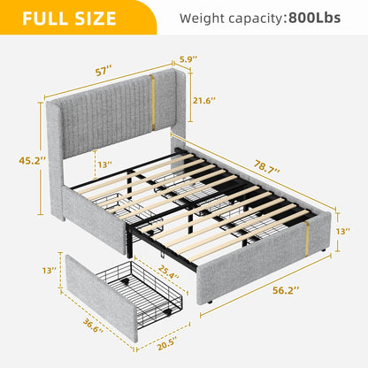 YITAHOME Modern Upholstered Full Size Bed Frame with Storage Drawers and Elegant Wingback Headboard in Grey and Gold