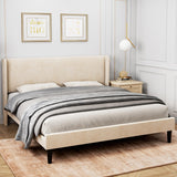 IDEALHOUSE Full Upholstered Bed Frame with Wingback Headboard, Luxurious Velvet Upholstery Platform Bed, Wooden Slat Support, and Easy Assembly - Box Spring Optional, Beige IDEALHOUSE