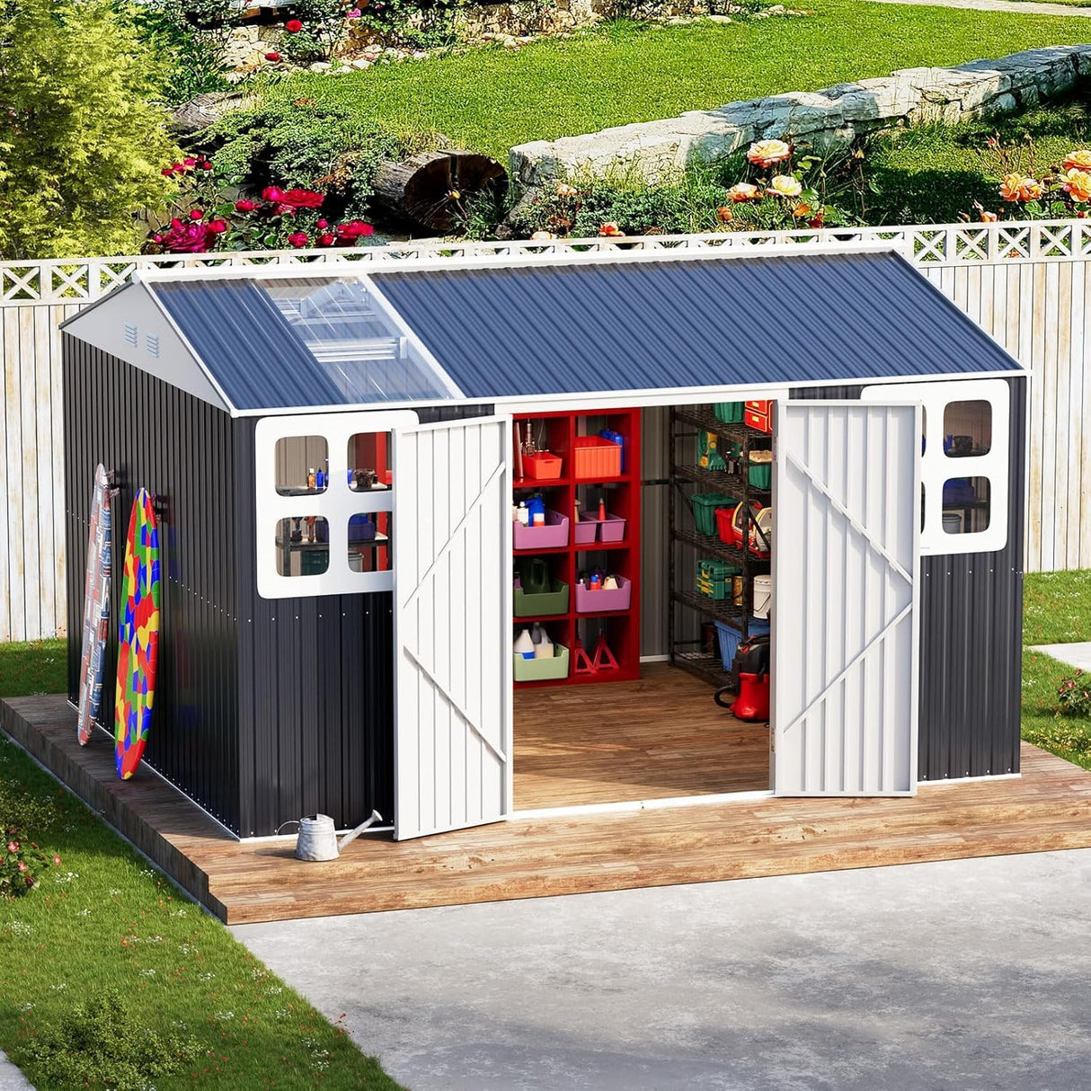 WELYAS 10x12 FT Metal Outdoor Storage Shed, Reinforced Frame Heavy Duty Large Waterproof Garden Tool Sheds with Unique Skylight Windows Air Vent for Patio Yard，Dark Grey WELYAS