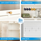 VIYET Kitchen Bakers Rack with Flip Door Cabinet, Metal Microwave Stand with Storage Cabinet and Metal Pegboard Panels for Kitchen, Pantry, Home(White) VIYET