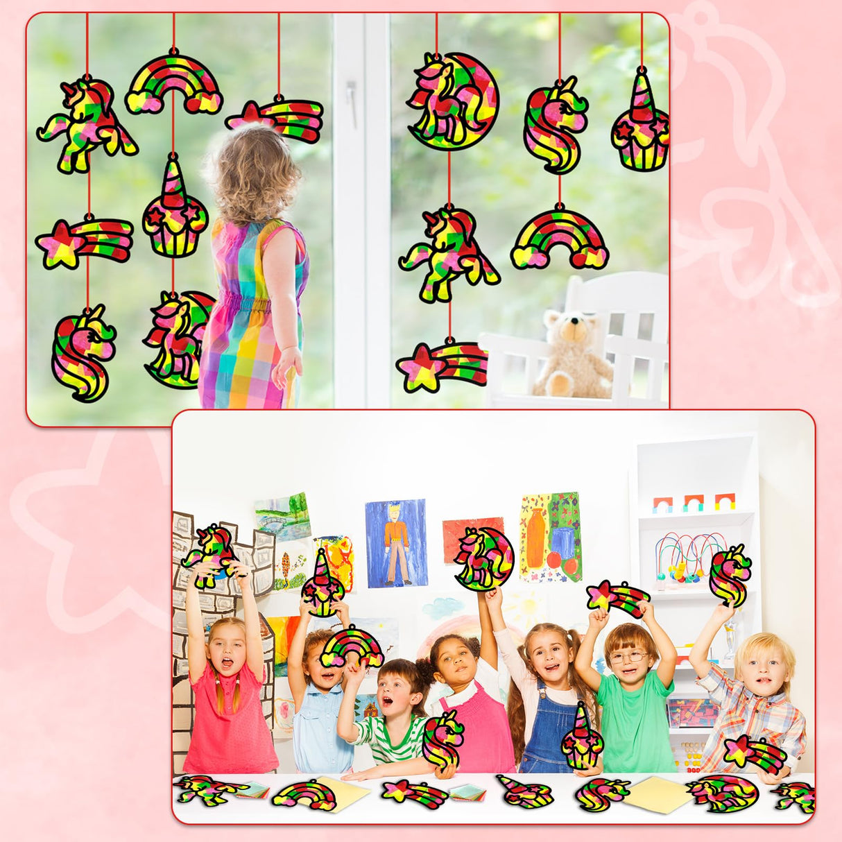 Qyeahkj 36 Set Unicorn Suncatchers Crafts for Kids DIY Unicorn Tissue Paper Crafts Window Stained Glass Effect Rainbow Hanging Decor School Home Creative Activity Art Project Birthday Party Favor Gift Qyeahkj
