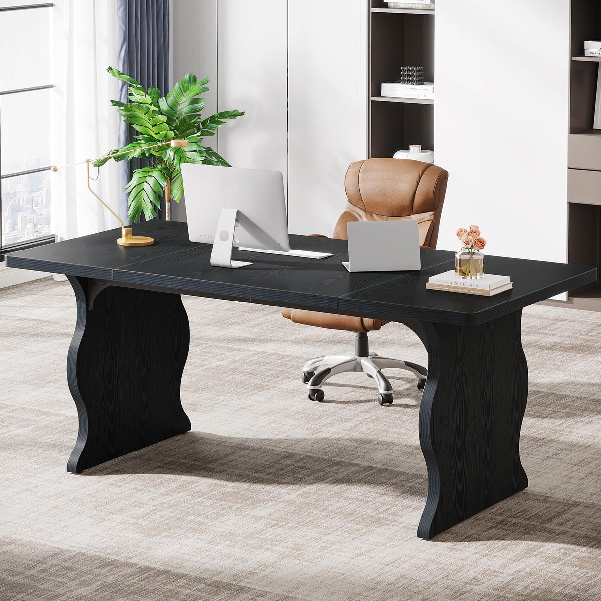 Tribesigns 63-Inch Large Executive Desk, Modern Computer Desk for 1-2 Person, Double PC Gaming Home Office Desk with Sturdy Legs, Black Tribesigns