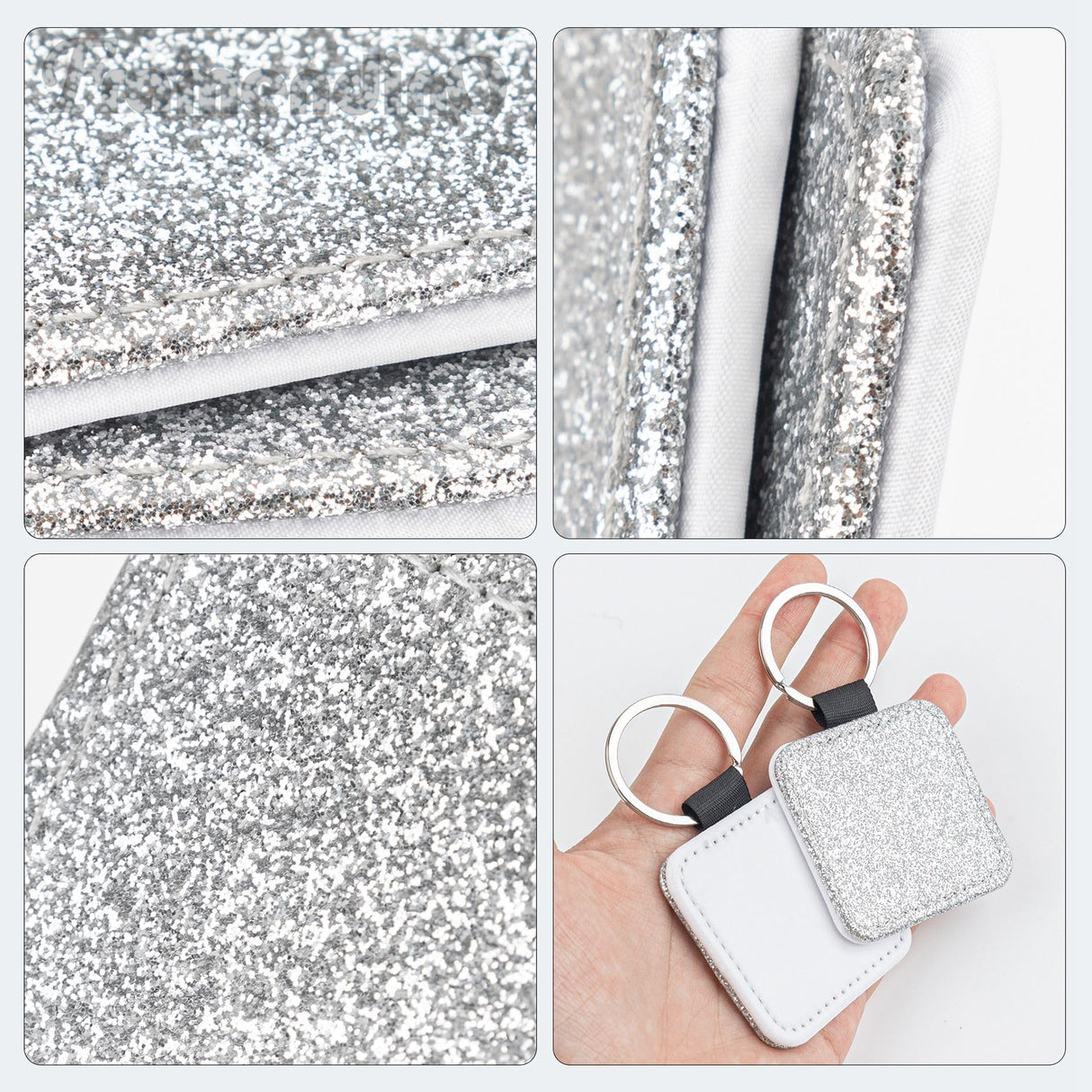 Framendino, 16 Pack Sublimation Blank Keychain Glitter PU Leather Square Rectangle Heat Transfer Key Fob Key Chain for DIY Craft Making Silver Framendino