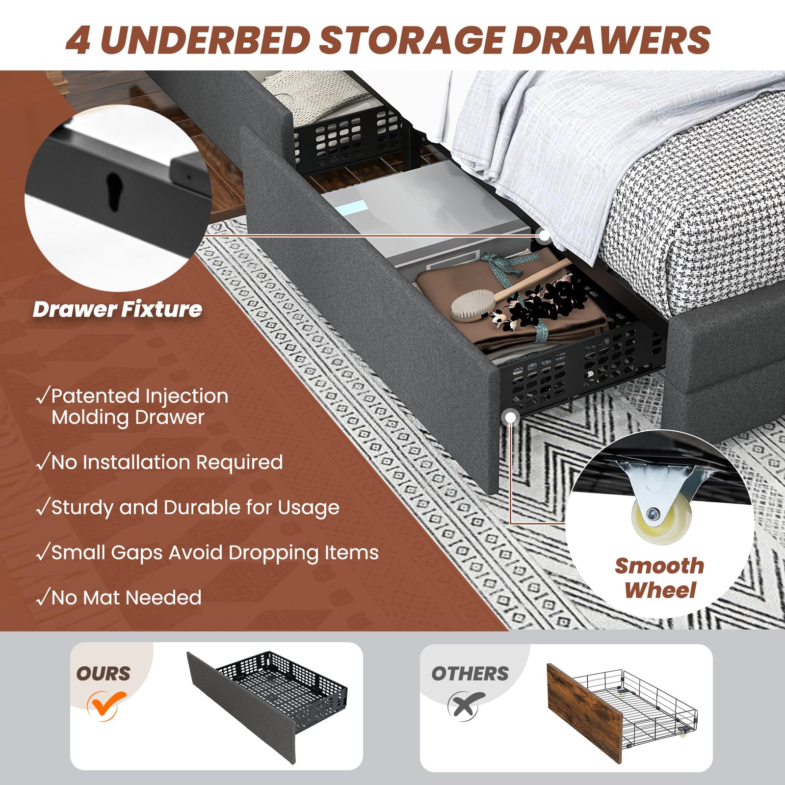 Giantex Grey Upholstered Full Bed Frame with LED Lights, USB Ports and 4 Storage Drawers - WoodArtSupply