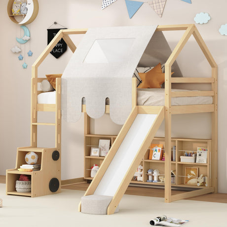 Merax Twin Size Junior Wood Loft Bed with Slide and Storage Shelves, House Loft Bed with Staircase for Girls Boys,Easy Assemble, Natural Merax