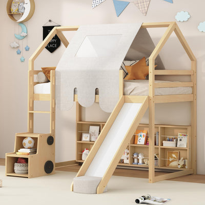 Merax Twin Size Junior Wood Loft Bed with Slide and Storage Shelves, House Loft Bed with Staircase for Girls Boys,Easy Assemble, Natural