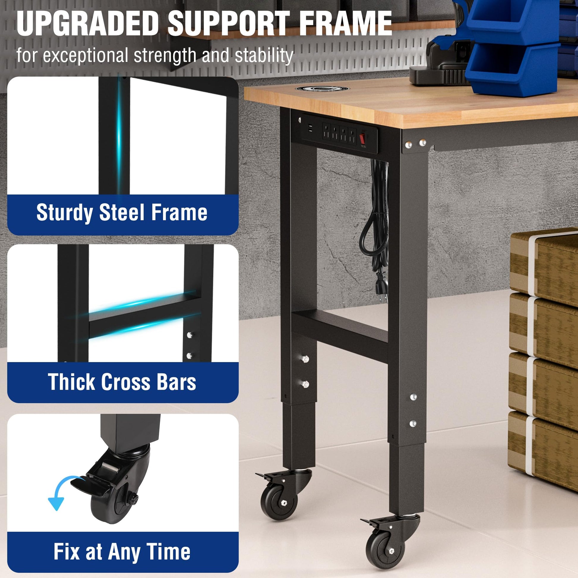 WORKPRO Garage Workbench, 48"X22" Adjustable Workbench with Wheels, Rubber Wood Top Heavy-Duty Workstation with Power Outlets, 1000 LBS Stationary Load Capacity, for Workshop, Garage, Office, - WoodArtSupply