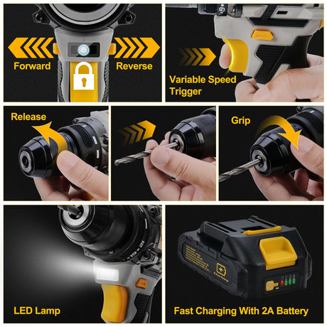20V Brushless Drill Set, Cordless Power Drill with 2.0Ah Battery,119 PCS Combo Drill Set for Men, 10mm 3/8" Keyless Chuck, 21+1 Torque Setting Power Drill Kit for DIY Garden House Office Repair ThinkLearn
