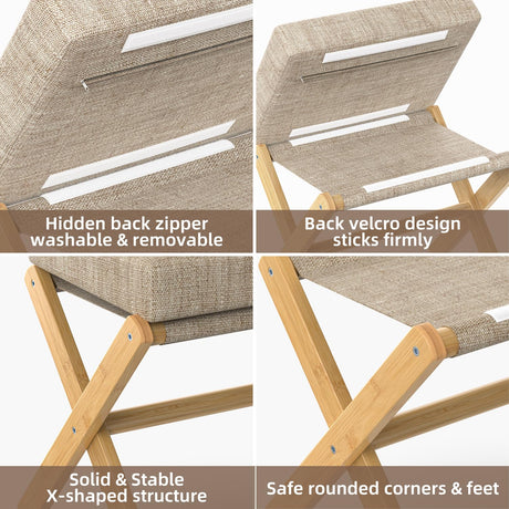 BAMBOOHOMIE Foldable Foot Stool Ottoman, Modern Foot Rest with Bamboo X Legs & Thick Foam Cushion, Folding Foot Stools Small Padded for Bedroom Living Room, Makeup Vanity Stool Chair (Natural - Brown) BAMBOOHOMIE