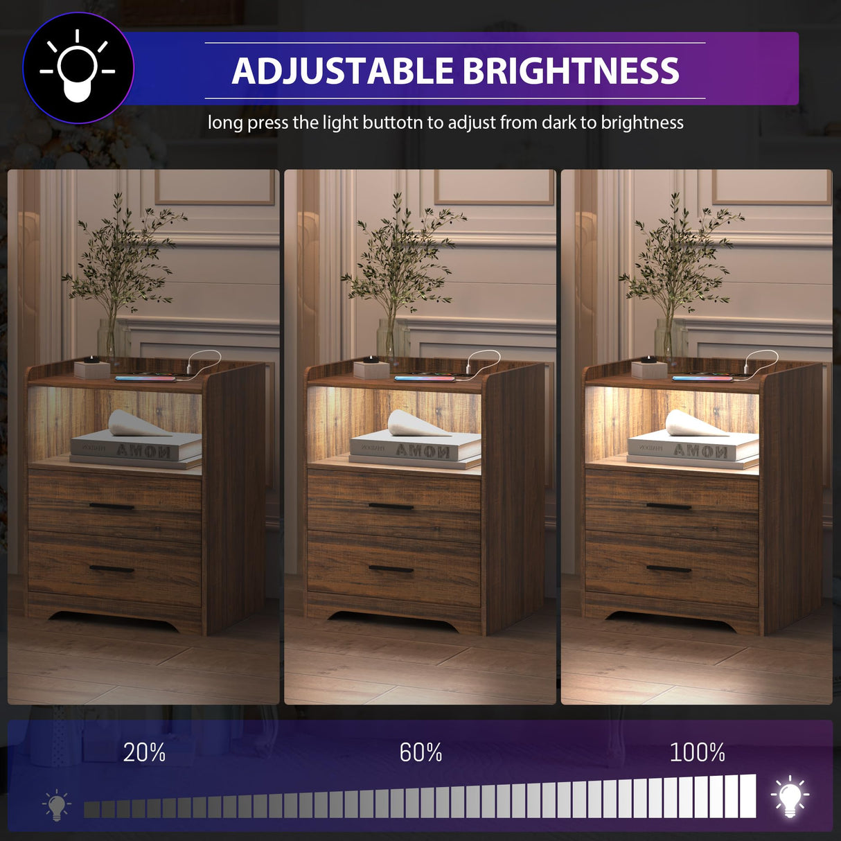 dnbss LED Nightstand with Charging Station, Smart Bedside Table with 24-Color RGB LED Lights, Charging Nightstand for Bedroom, Modern Nightstand Brown dnbss