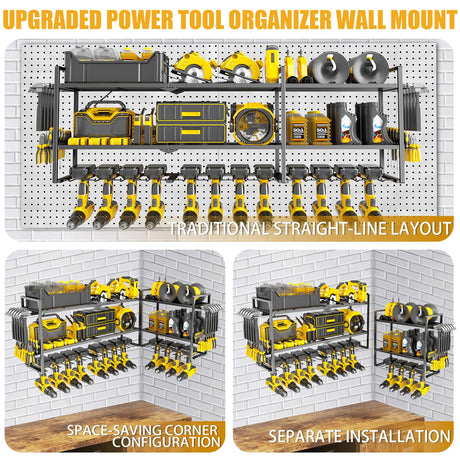BILIONE 49'' W Extra Large Power Tool Organizer Wall Mount, 12 Drill Holders 3 Layers Heavy Duty Cordless Tool Rack, Load 450 LBS Storage Shelf for Garage, Workshop, Workbench, Gifts for Men Husband BILIONE