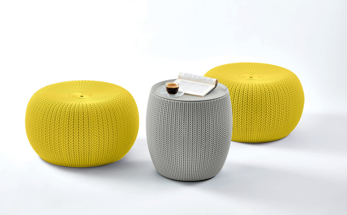 KETER Urban Knit Pouf Ottoman Set of 2 with Storage Table for Patio and Room Décor-Perfect for Balcony, Deck, and Outdoor Seating, Cream & Taupe Keter