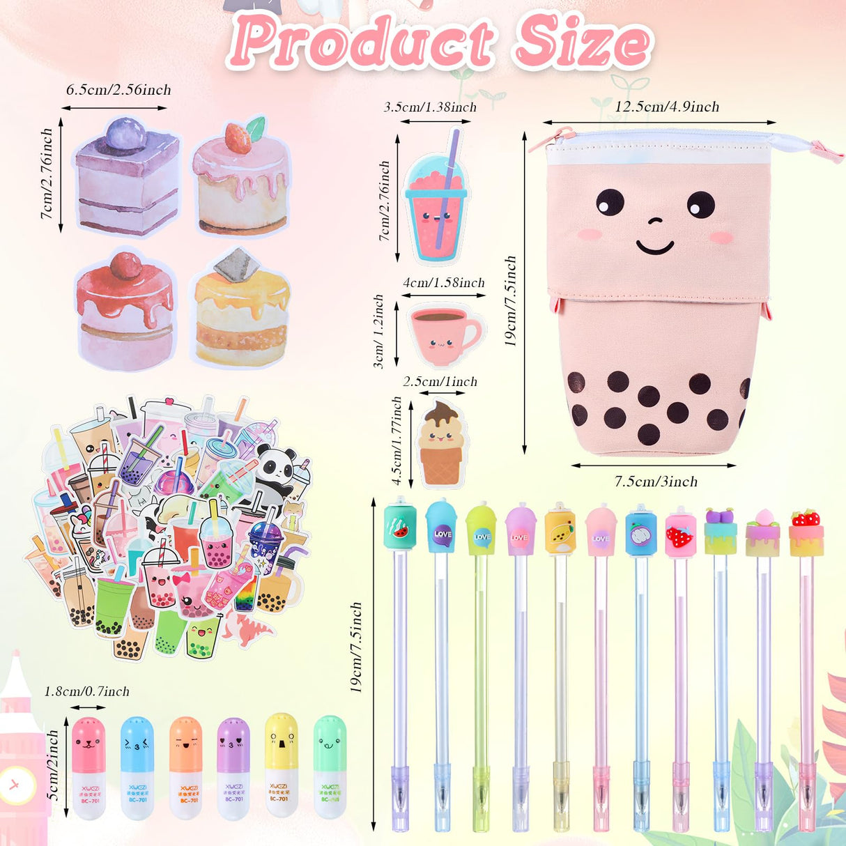 Sabary 228 Pcs Kawaii Stationary Set Include Telescopic Pencil Pouch Case Bag Gel Ink Pen Sticky Note Bubble Tea Sticker Pill Highlighter Stationary Cute School Supplies for Christmas(Vivid) Sabary