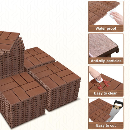 ZJT 44 Pack Plastic Interlocking Deck Tiles,44 sq.ft,11.8"x11.8"Indoor Outdoor Waterproof Patio Floor Decking Tiles,Plastic Flooring All Weather Use for Balcony Backyard,Brown Checker