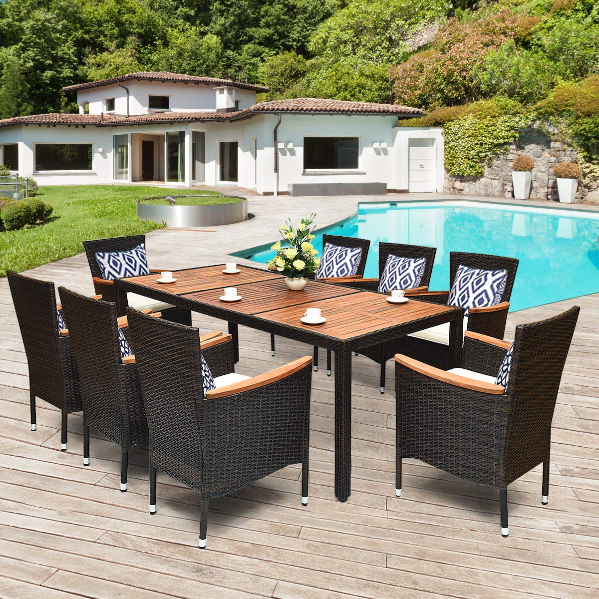Tangkula 9 Piece Outdoor Dining Set, Garden Patio Wicker Set w/Cushions, Furniture with Acacia Wood Table and Stackable Armrest Chairs Tangkula
