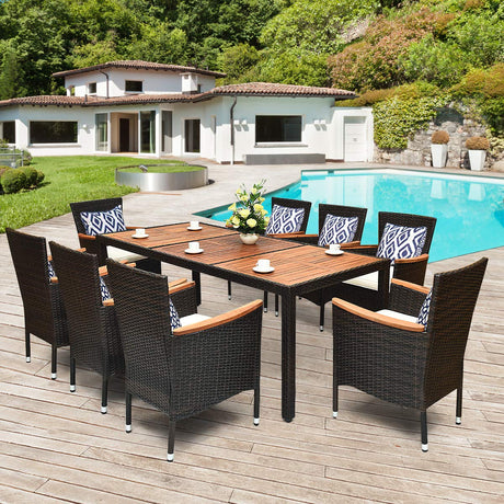 Tangkula 9 Piece Outdoor Dining Set, Garden Patio Wicker Set w/Cushions, Furniture with Acacia Wood Table and Stackable Armrest Chairs Tangkula