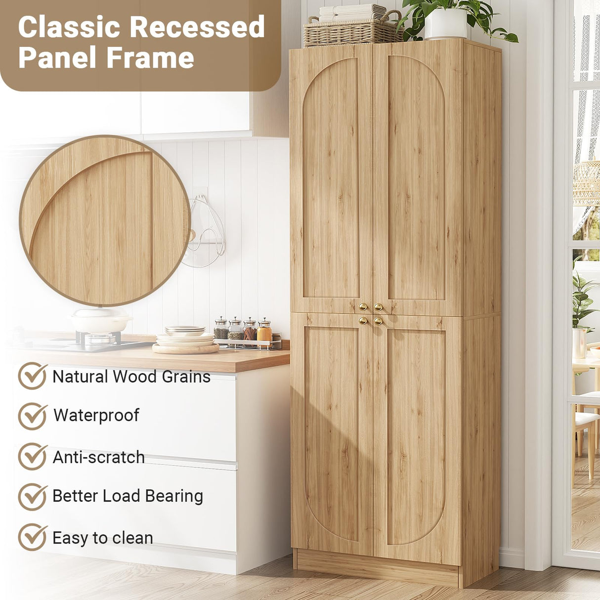 Cyclysio 80" Storage Cabinet, Tall Arched Bookcase with 4 Doors, 6-Tier Wooden Pantry with Adjustable Shelves, Seamless Fit Wall for Home Office, Living Room, Kitchen (Natural) Cyclysio