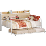 LIKIMIO Daybed with Trundle, Sturdy Metal Full Size Bed Frame with Upholstered Headboard and Charging Station for Living Room, Bedroom and Guest Room, White LIKIMIO