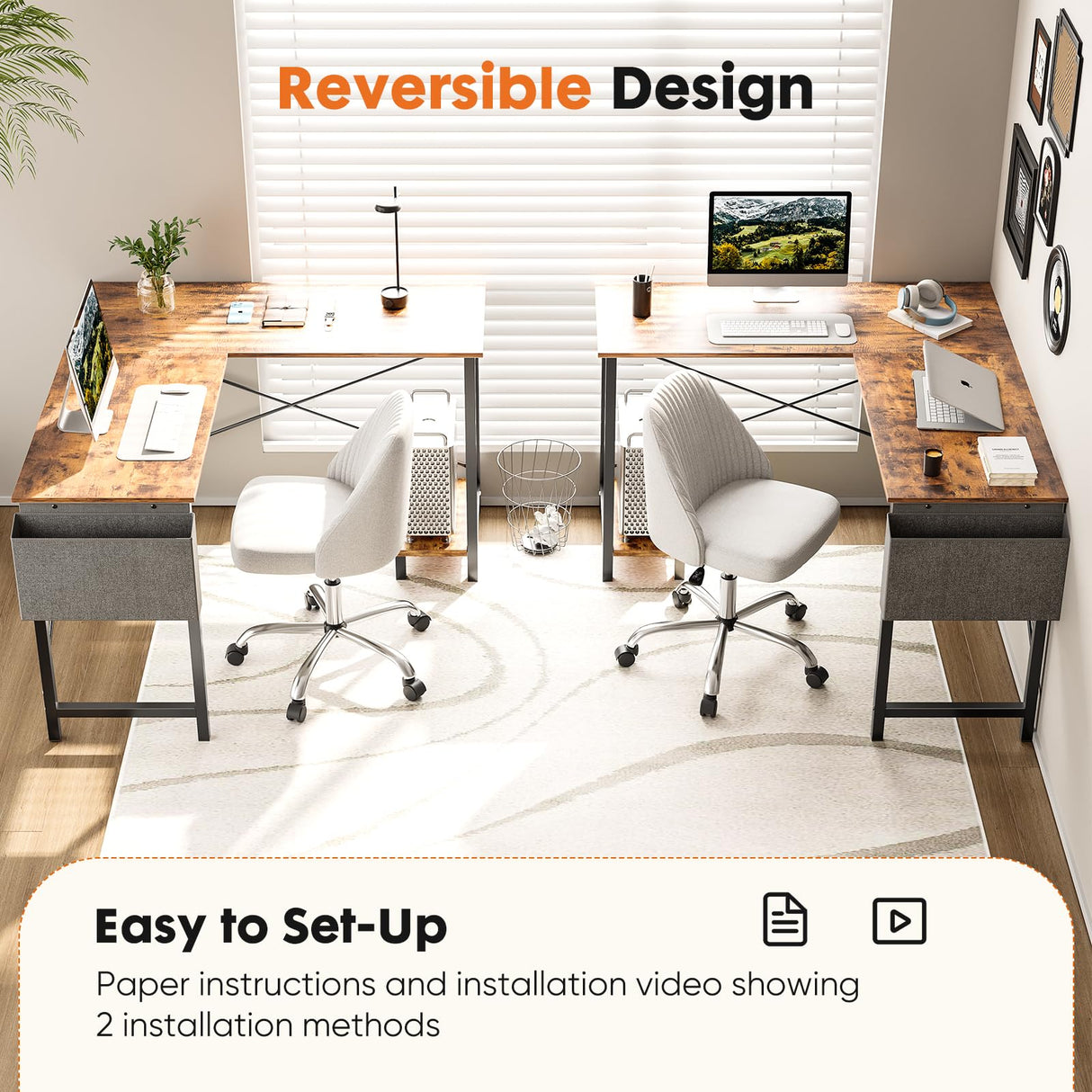 Sweetcrispy L Shaped Desk 50 Inch Computer Gaming Corner Table for Writing Study Student PC with Wooden Desktop Sturdy Metal Frame CPU Stand Side Bag Reversible for Home Office Small Place Brown Sweetcrispy