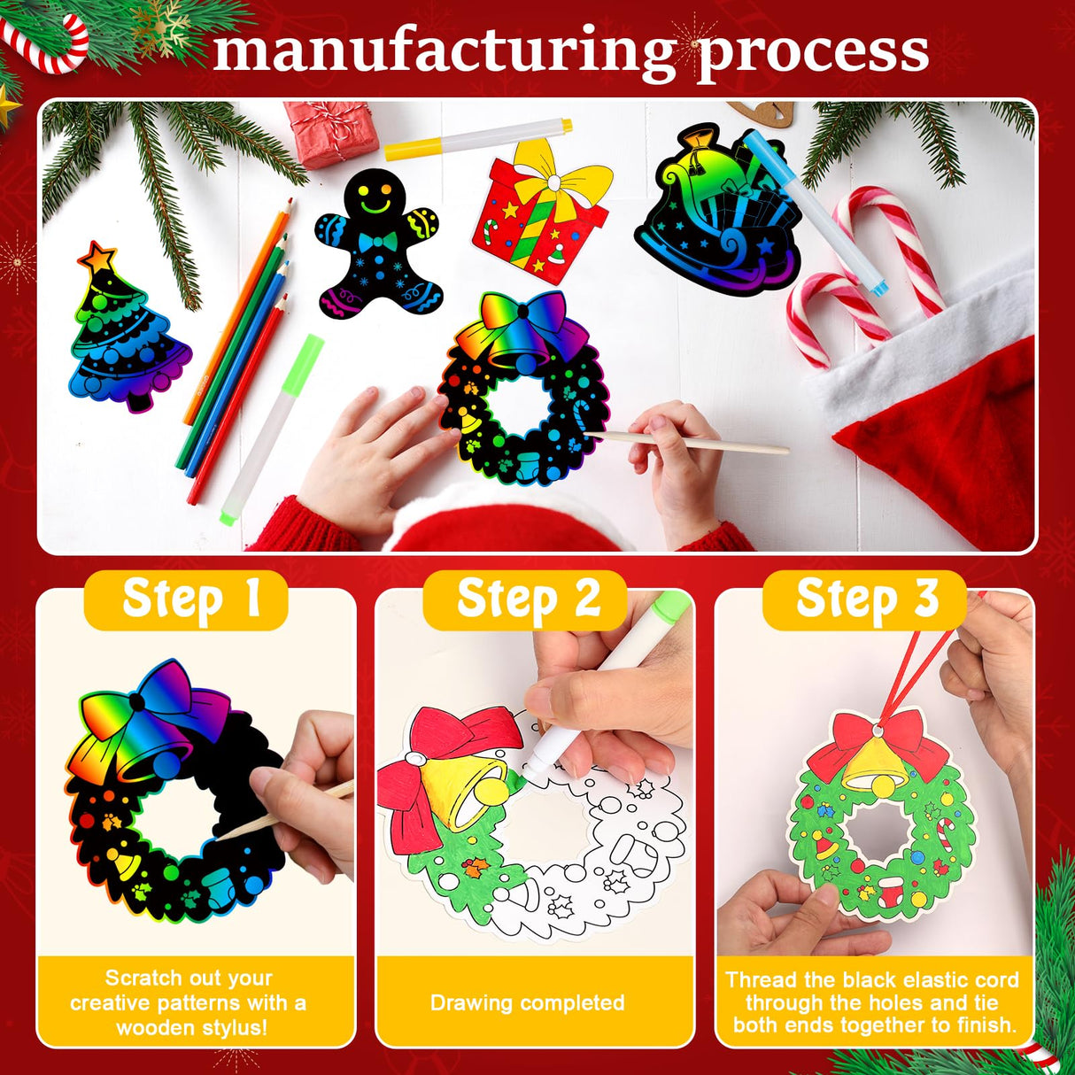 Garma 36Pcs Christmas Crafts Scratch Art for Kids, Rainbow Scratch Paper Christmas Ornaments Crafts Christmas Party Favors Toys Xmas Tree Ornaments Hanging Craft Art Kits Garma
