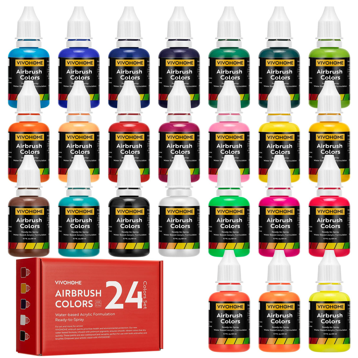 VIVOHOME 24 Color Airbrush Paint Set, Acrylic Air Brush Paints Ready to Spray (No Thinner Needed), Water Based Painting Colors for Artist and Beginners, Includes 6 Neon Color, 20 ml/0.68 Fl Oz VIVOHOME