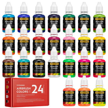 VIVOHOME 24 Color Airbrush Paint Set, Acrylic Air Brush Paints Ready to Spray (No Thinner Needed), Water Based Painting Colors for Artist and Beginners, Includes 6 Neon Color, 20 ml/0.68 Fl Oz VIVOHOME