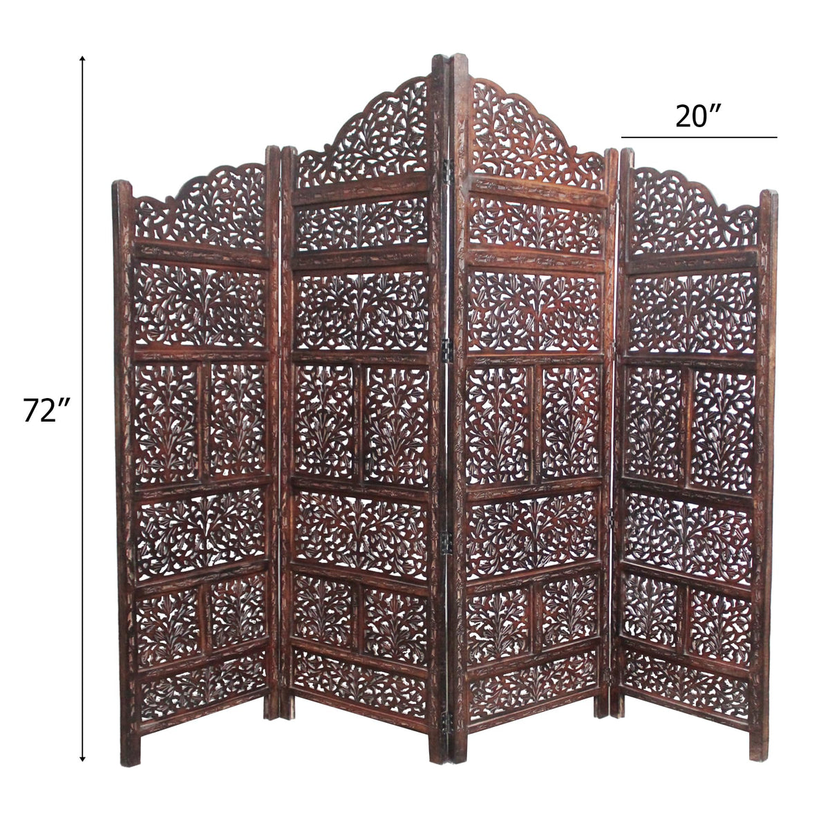 Room Divider Wood Screen - Mahanadi Antique Brown - 4 Panel Folding 72x80 - Wooden Hand Carved Screen Decorative Functional Versatile - Small Spaces Reversible Privacy Partition - COTTON CRAFT COTTON CRAFT