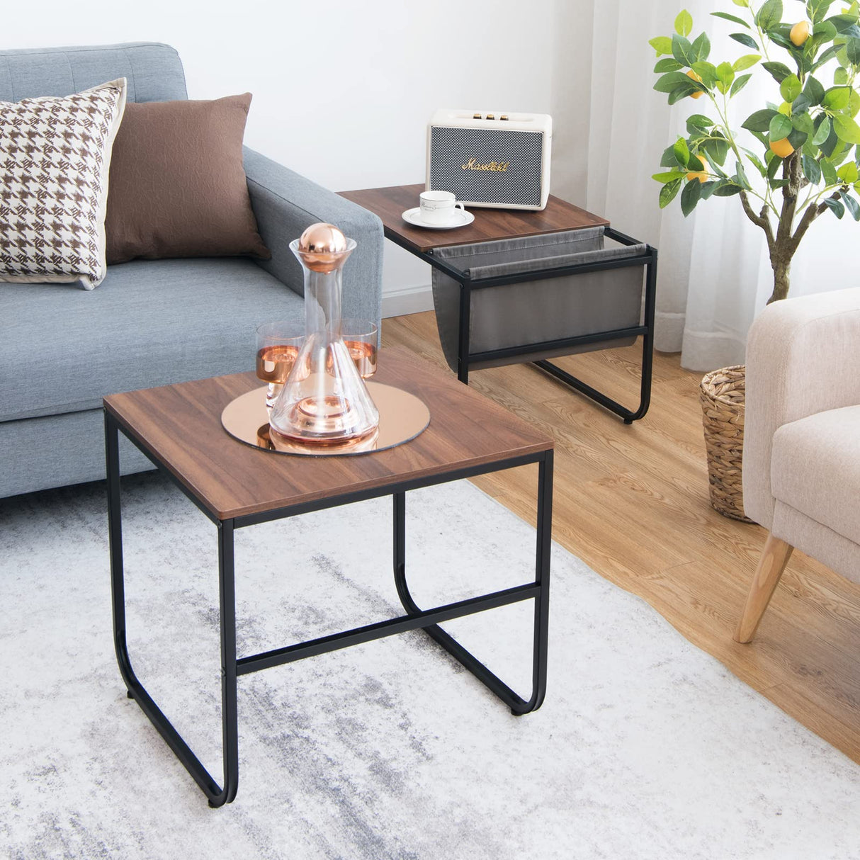 Giantex Nesting Coffee Table Set of 2, Stackable Side Table w/Side Pocket, Accent Nightstand, Industrial End Table w/Steel Frame for Living Room Bedroom Office, Easy Assembly, Rustic Brown Giantex