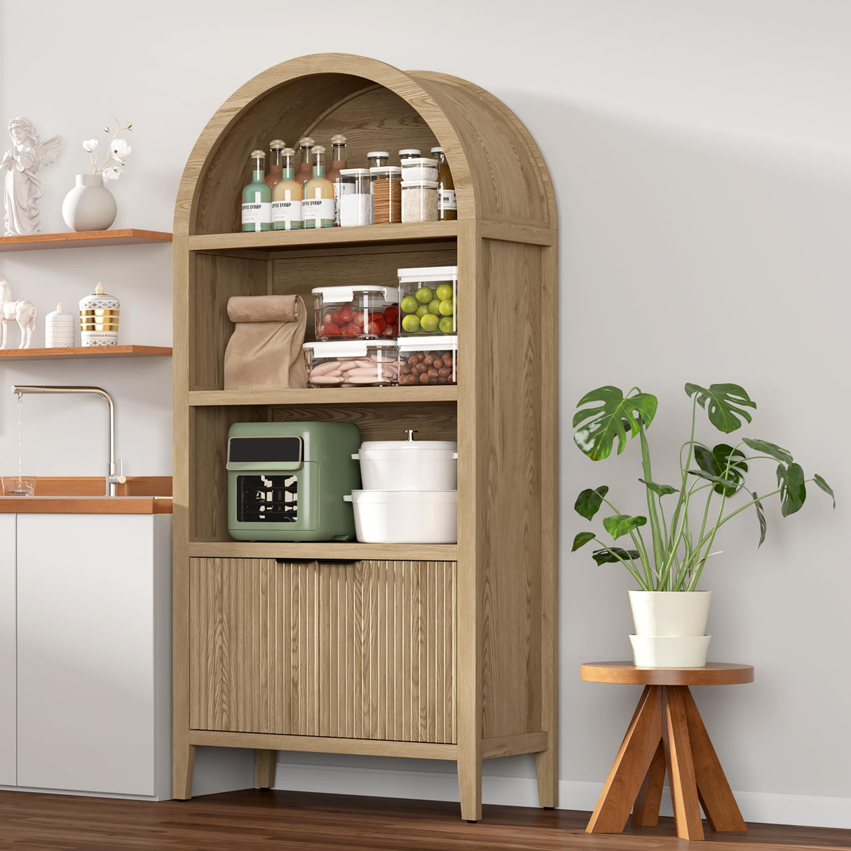 Yusong 71" Tall Arched Bookcase, 5-Tier Arched Bookshelf, Arch Cabinet Display Cabinet with Fluted Doors and Shelves, Modern Farmhouse Kitchen Pantry for Living Room Bedroom, Nature Yusong