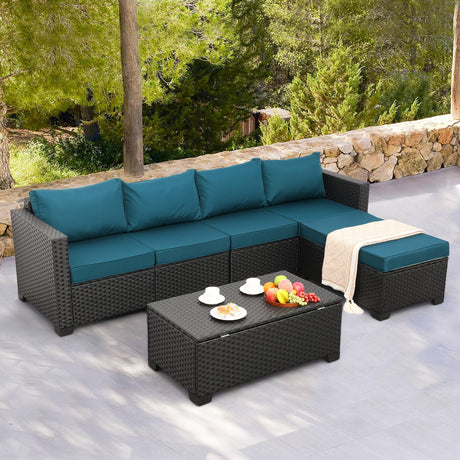 Rattaner 4 Pieces Patio Furniture Set Outdoor Sectional Wicker Patio Furniture Long Patio Couch with Ottoman and Outdoor Storage Table Weathering Rattaner