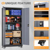 AFAIF Metal Garage Cabinets with Wheels, Heavy Duty Rolling Storage Cabinet with Lock, Storage Caninet with 2 Doors and 4 Shelves, Tall Tool Cabnet on Wheels for Workshop/Home/Office-(Black Gray 75”H) AFAIF