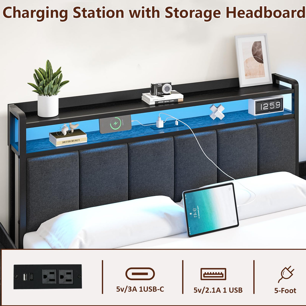 CHABUILDREARK Twin Bed Frames with LED Lights, Upholstered Metal Platform Bed with Charging Station and Storage Headboard, Heavy Duty Metal Slats, No Box Spring Need, Easy Assembly, Dark Grey CHABUILDREARK