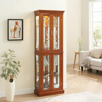 Walnut Curio Cabinet with Glass Doors and LED Lighting - 70" Tall Display Cabinet with Adjustable Shelves