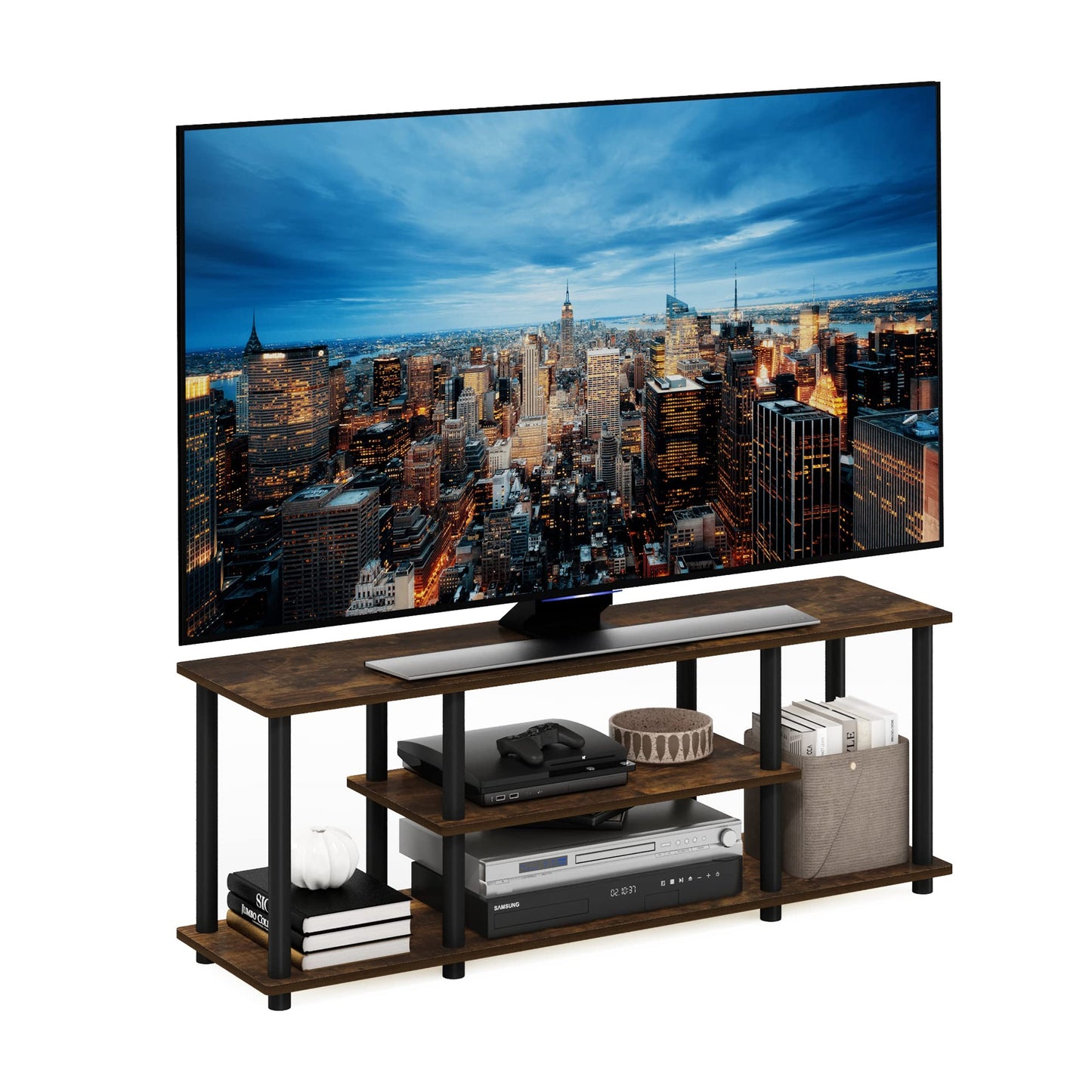 Furinno Turn-N-Tube No Tools 3D 3-Tier Entertainment Stand up to 50 inch TV, Amber Pine/Black - WoodArtSupply