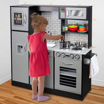 Lil' Jumbl Kids Kitchen Set, Pretend Wooden Play Kitchen, Battery Operated Icemaker & Microwave with Realistic Sound, Pots & Pan Included - Charcoal