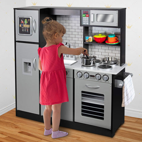 Lil' Jumbl Kids Kitchen Set, Pretend Wooden Play Kitchen, Battery Operated Icemaker & Microwave with Realistic Sound, Pots & Pan Included - Charcoal Lil' Jumbl
