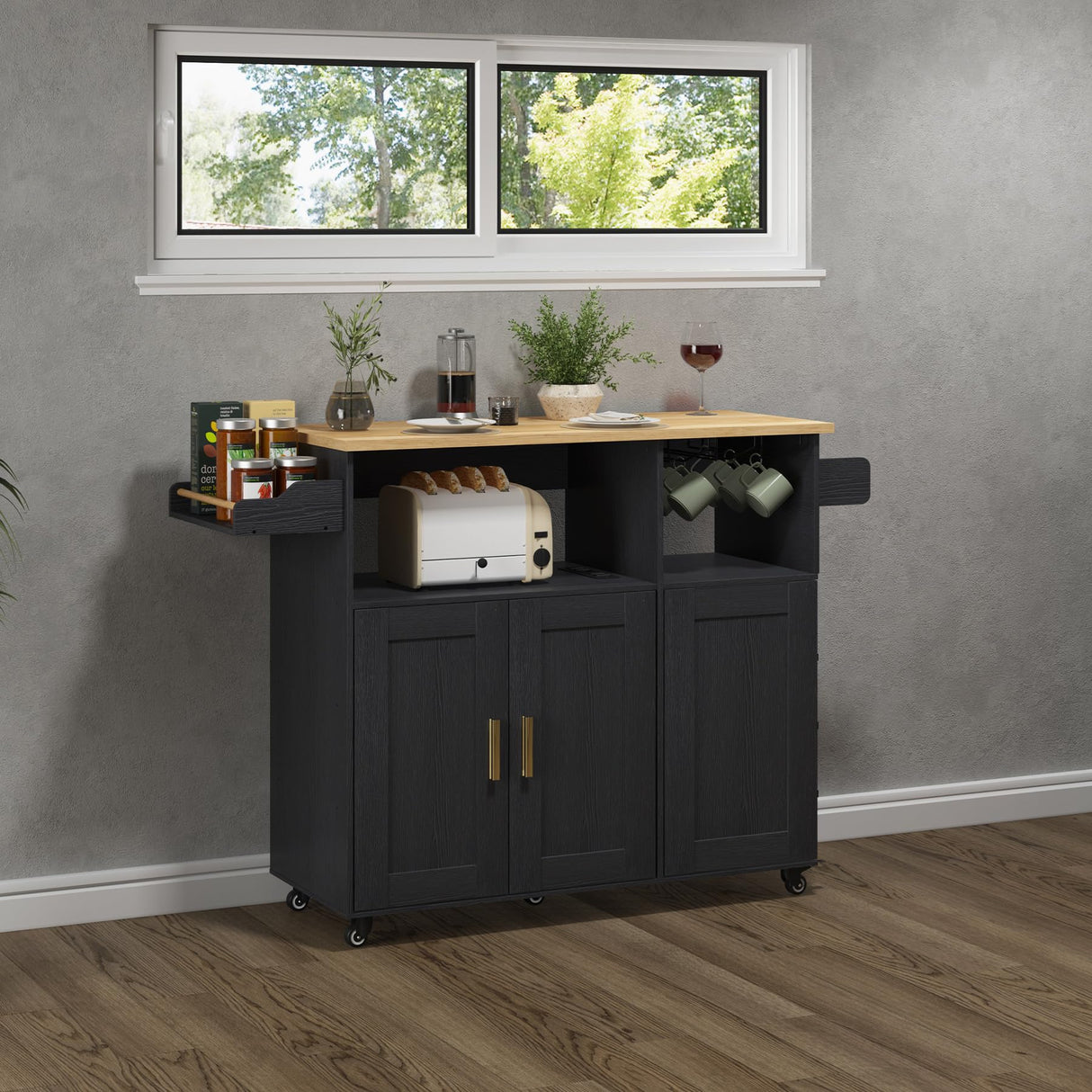 ASTRONAPE Rolling Mobile Kitchen Island Cart Bar, Island Table Storage with 5 Wheels, Rolling Kitchen Cabinet with Power Socket and Towel Rack (Black, Without Counter Top) ASTRONAPE