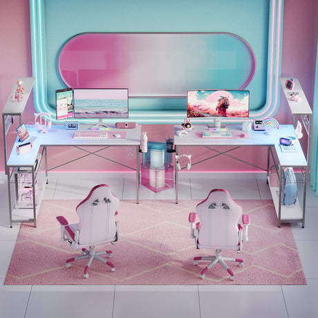 Bestier L Shaped Gaming Desk with Power Outlets, 51 inch LED Computer Desk Reversible Corner Desk with Metal Grid Pegboard and 4 Tiers Storage Shelves, Modern Writing Desk for Home Office, White Bestier