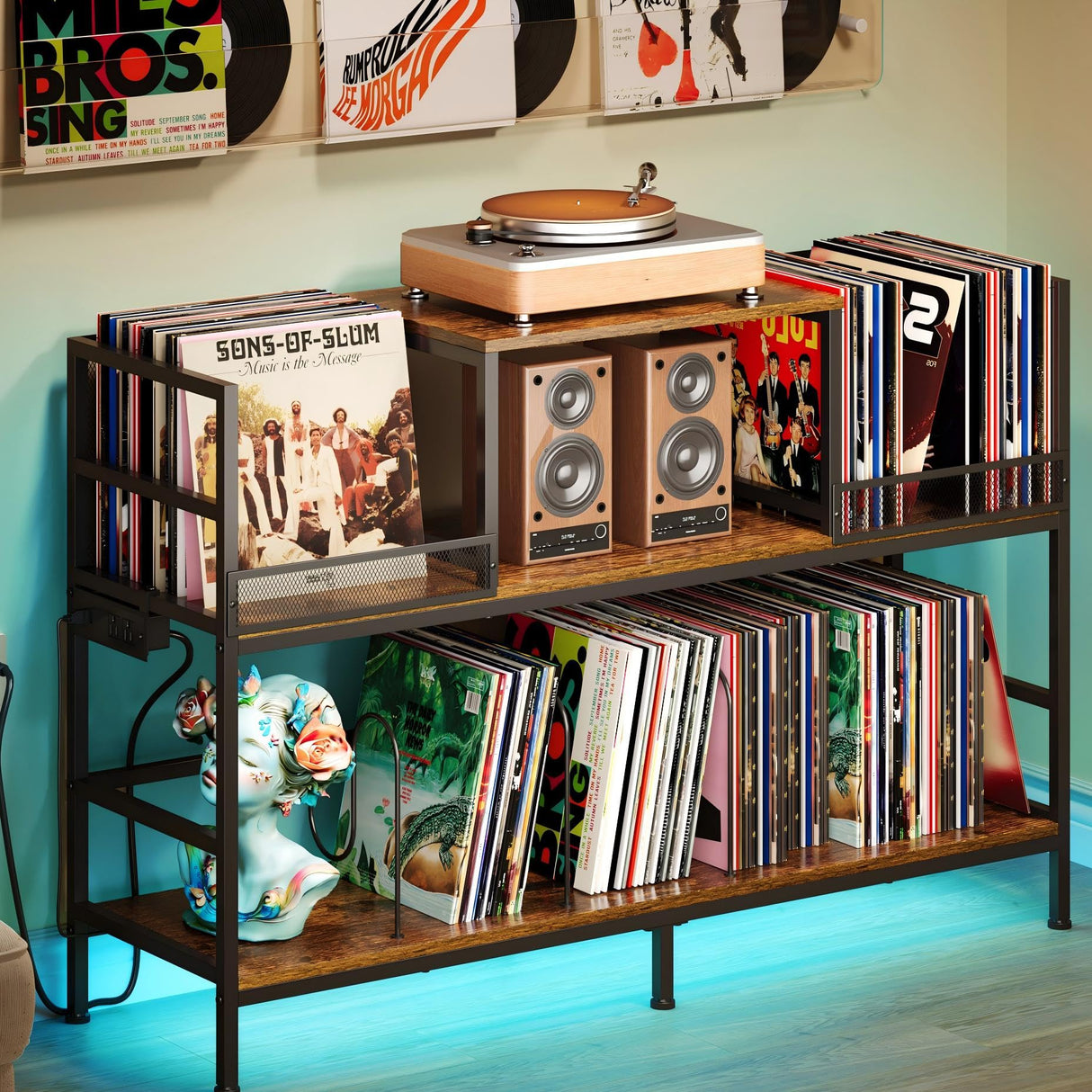 Record Player Stand with Power Outlets & LED Lights, Turntable Stand Cabinet Holds 350+ Vinyl Records, Storage Shelf with 3 Adjustable Dividers for Living Room Audio Video, Gift for Vinyl Lover Sonyabecca
