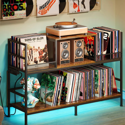 Record Player Stand with Power Outlets & LED Lights, Turntable Stand Cabinet Holds 350+ Vinyl Records, Storage Shelf with 3 Adjustable Dividers for Living Room Audio Video, Gift for Vinyl Lover