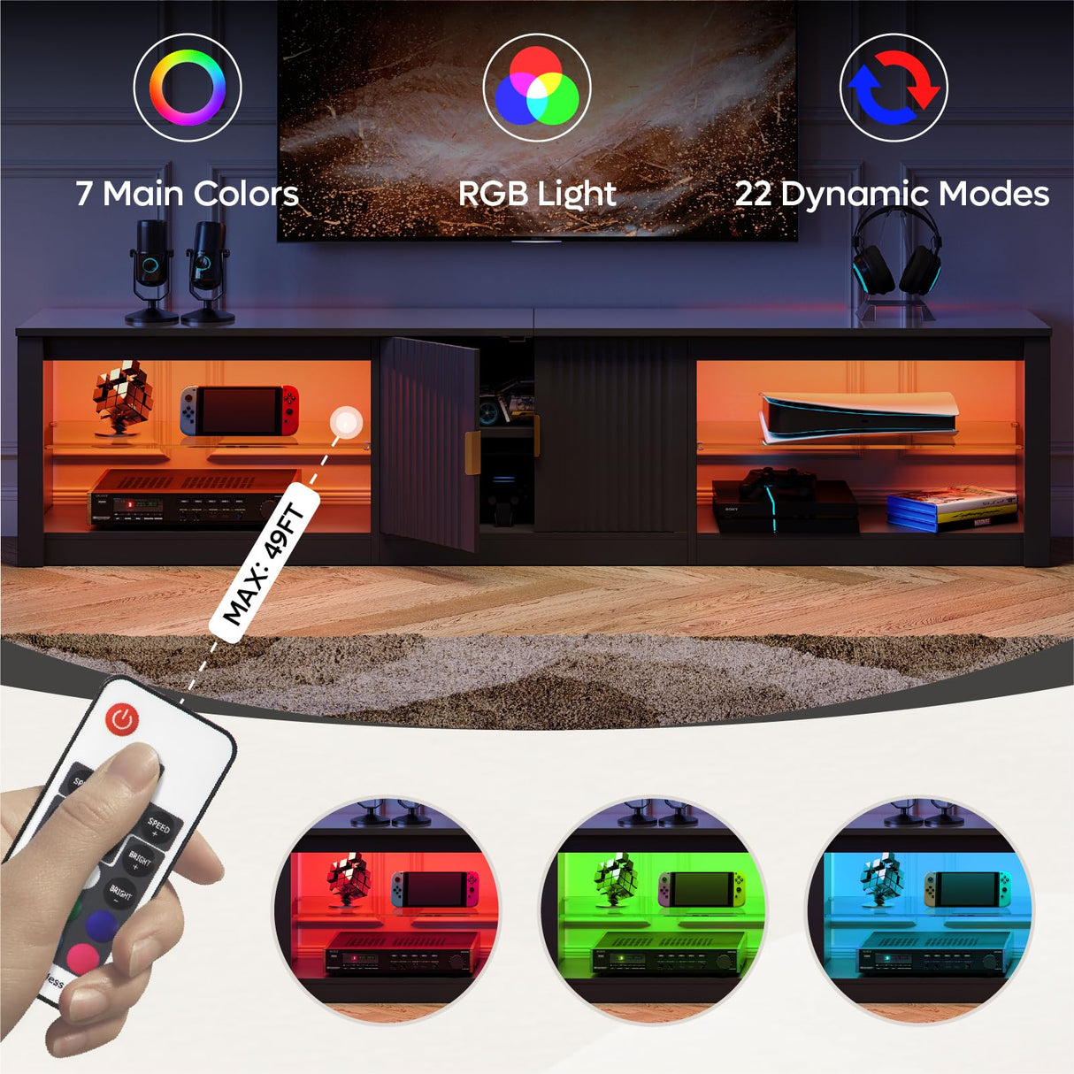 Bestier 80 Inch TV Stand for 75/85/90 inch TVs, LED Gaming Entertainment Center with Storage Cabinet & Adjustable Shelves, Modern High Gloss TV Console Table for Living Room Bedroom, Black Glossy Bestier