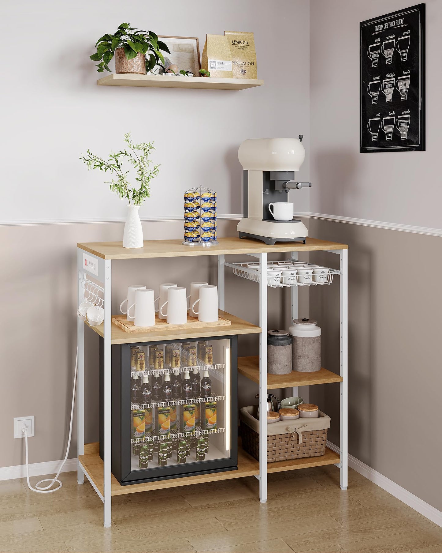 VASAGLE Baker's Rack, Coffee Bar Stand with Charging Station, Storage Shelves, Pull-Out Wire Basket, Table for Microwave, Kitchen, Oak Beige UKKS036Y09, 15.7 x 35.4 x 35.6 Inches