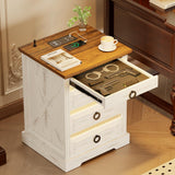 TAGELIER Night Stand Set 2 with Gun Drawer, Farmhouse Bedside Table with Charging Station, Gun Nightstand with LED Light & Human Sensor, Smart End Table for Bedroom, Antique White TAGELIER