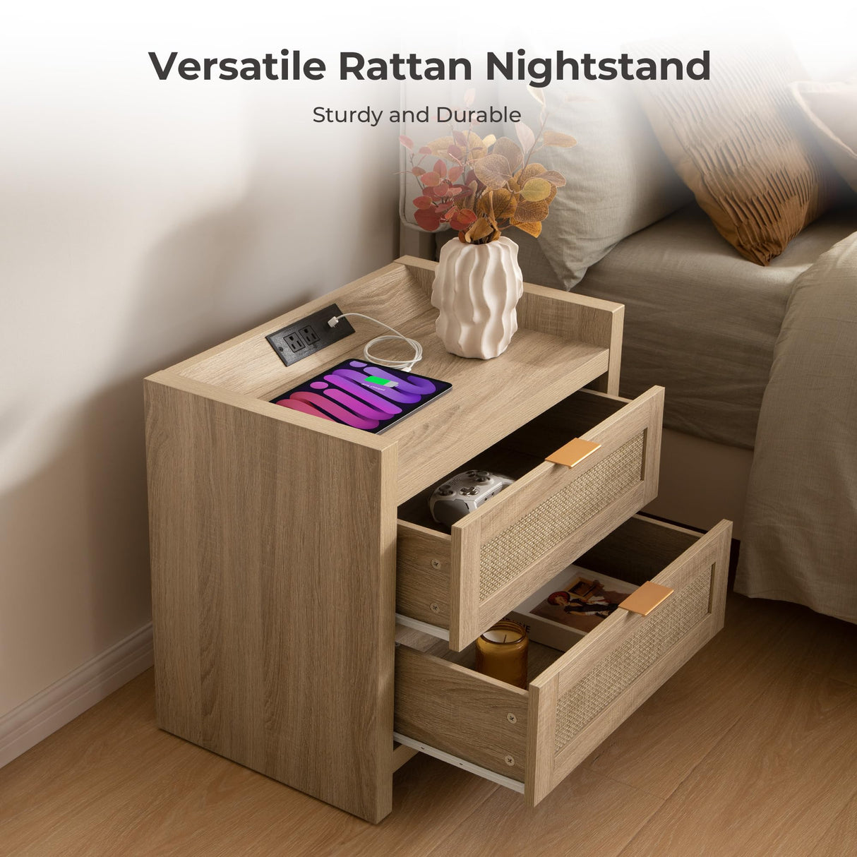 SICOTAS Rattan Nightstands Set of 2 Bedside Table - Bedroom Night Stand with Type-C Charging Station, 2 Drawers Storage - Boho Night Stands End Table for Bedroom Office - Light Oak SICOTAS